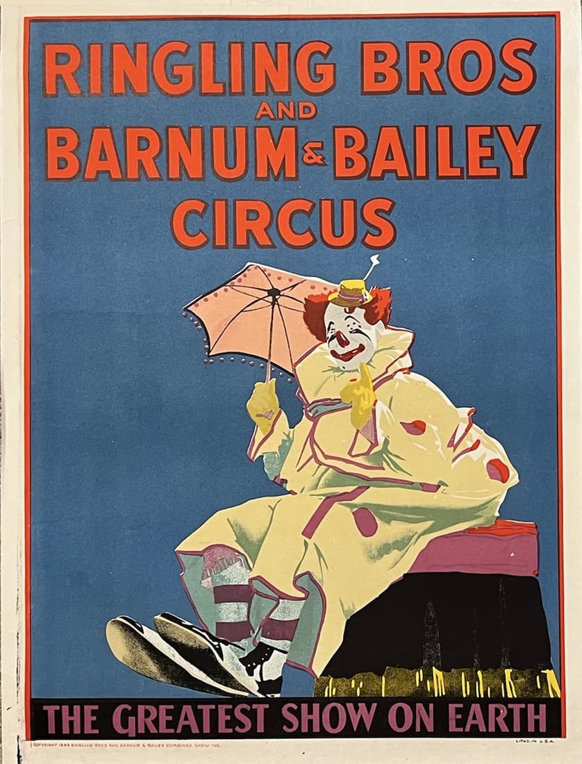 RINGLING BROS AND BARNUM & BAILEY CIRCUS POSTER: Half Sheet (approx. 22"x28"). 1943. CLOWN [FELIX ADLER] WITH UMBRELLA. An attractive poster in an unusual color scheme of pastels bearing the likeness of famous clown FELIX ADLER. Cond A/A-, Un-mounte