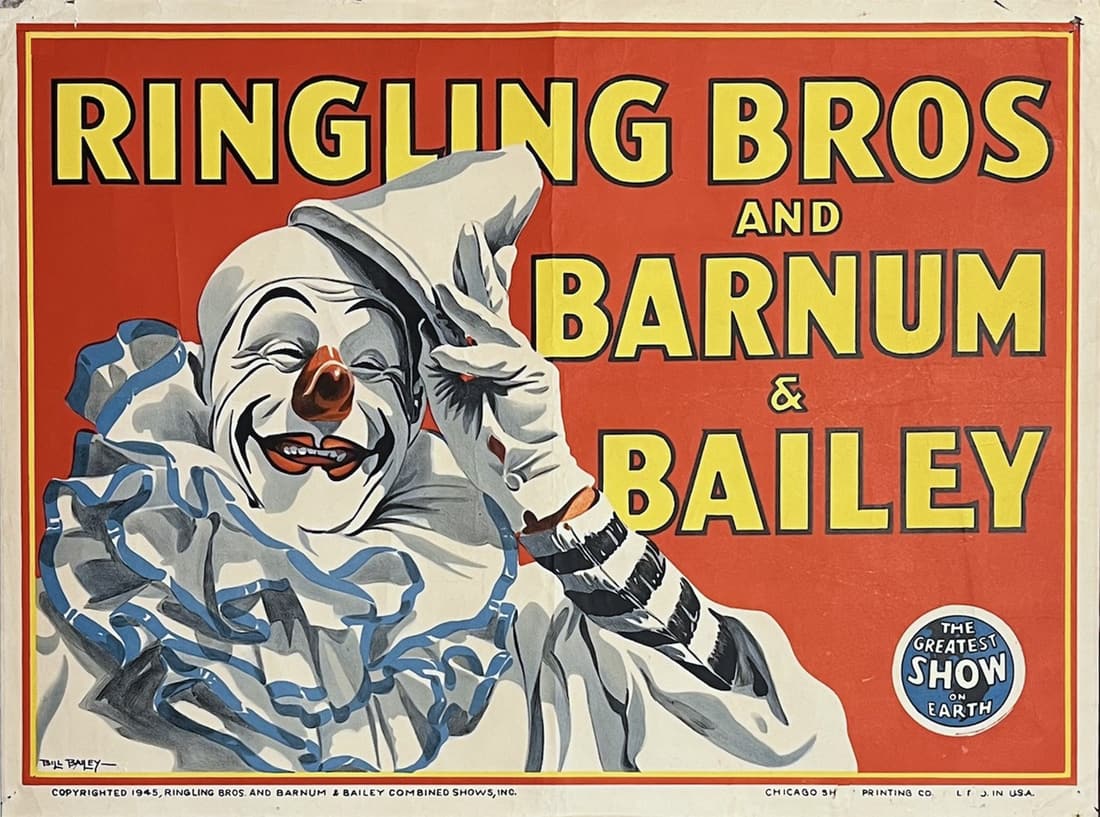 RINGLING BROS AND BARNUM & BAILEY CIRCUS POSTER: Half Sheet (approx. 22"x28"). Chicago Show Printing Co, 1945. CLOWN [FELIX ADLER] TIPPING HAT. This is another well-known bill commissioned by RBB&B in the mid-1940's and used for a decade thereafter.