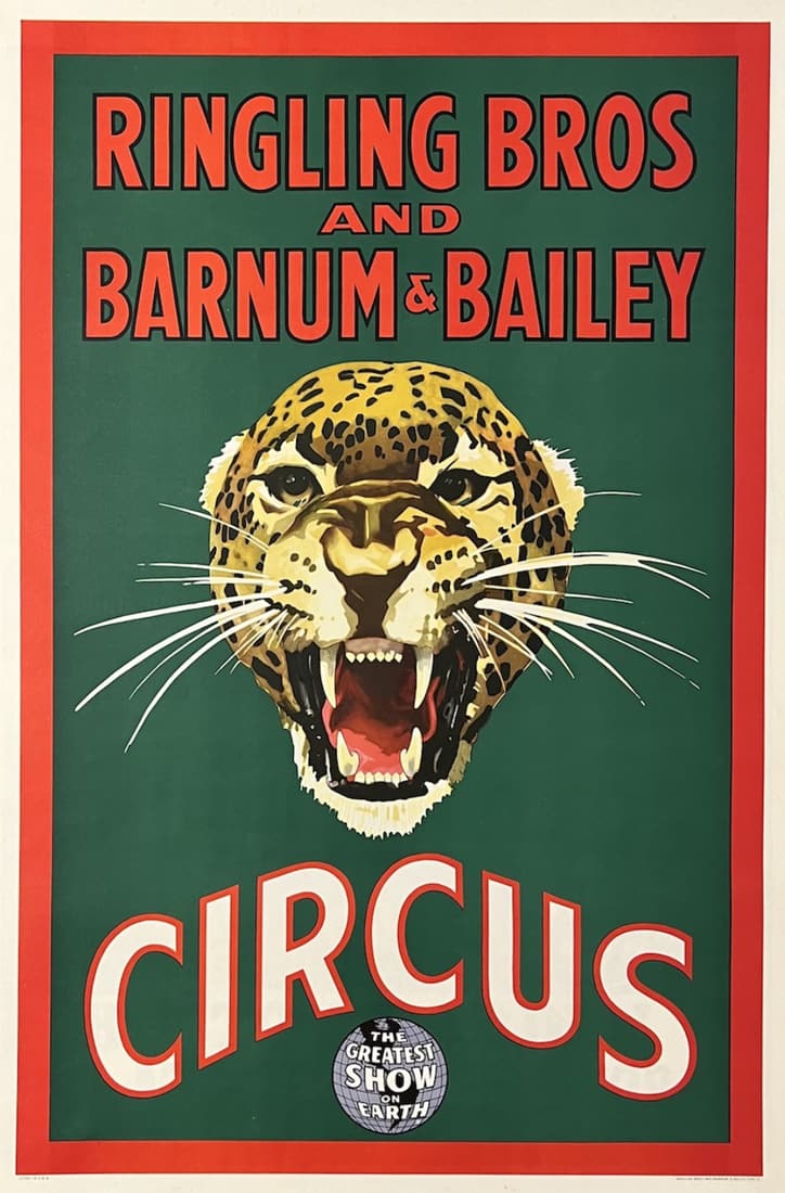 RINGLING BROS AND BARNUM & BAILEY CIRCUS POSTER, 1960's: One Sheet (approx. 28"x42"). SNARLING LEOPARD HED. One of the most iconic and recognizable Ringling animal posters ever conceived. Variations in sizes of this classic bill were used by the circus for 