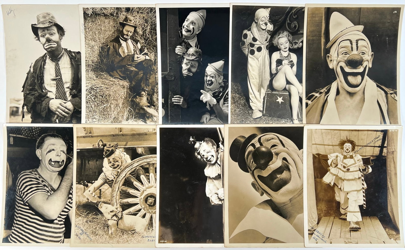 CIRCUS CLOWN PHOTOGRAPH COLLECTION: GROUPING OF 8"X10" PHOTOGRAPHS, PRIMARILY OF RINGLING SHOW CLOWNS, 1940'S. TOMAS FAMILY (GARGANTUA/M'TOTO) COLLECTION.