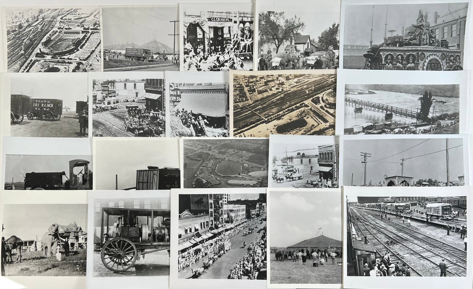 CIRCUS PHOTOGRAPH COLLECTION: ORIGINAL AND RESTRIKE 8"X10" PHOTOGRAPHS INCLUDING PARADES, LOT SCENE, ANIMAL, WAGONS, RAILROAD.
