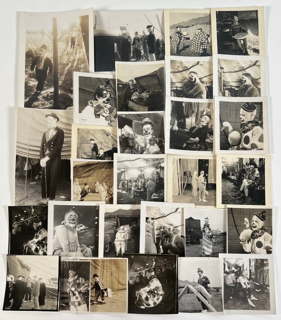 RINGLING SHOW - FAMOUS CLOWN PHOTOGRAPHS: SNAPSHOT PHOTOGRAPHS OF RBBB CLOWNS INCLUDING PAUL JUNG, HARRY DANN, FELIX ADLER, PAUL CHESTY MORTIMER, PRINCE PAUL, FRANKIE SALUTO AND OTHERS.