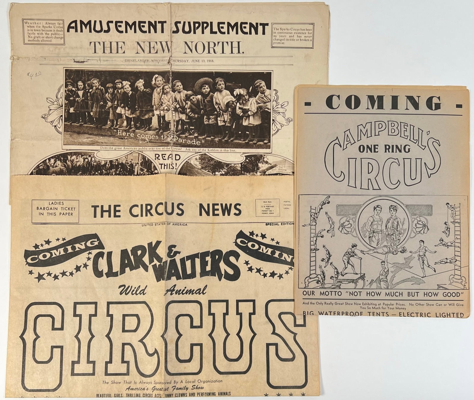 THREE CIRCUS COURIERS: CAMPBELL'S AMUSEMENT SUPPLEMENT, CLARK & WALTERS.