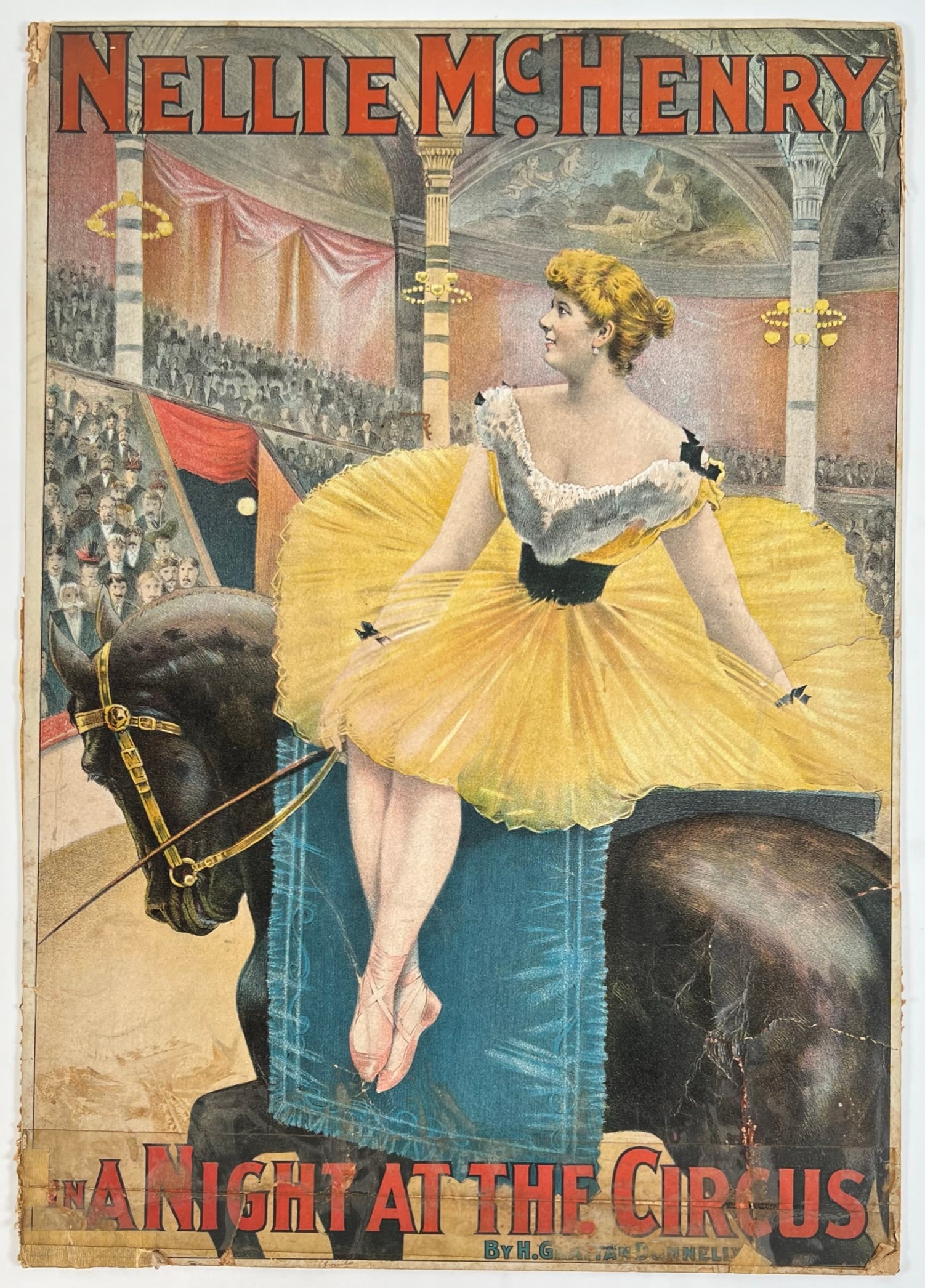 NELLIE MCHENRY - A NIGHT AT THE CIRCUS: WINDOW OR COUNTER CARD FOR THEATRICAL PRODUCTION. STROBRIDGE LITHO (ATTR.), C.1893. TAPE REPAIRS, WEAR CONSISTENT WITH AGE AND POSTING. 11"X16"