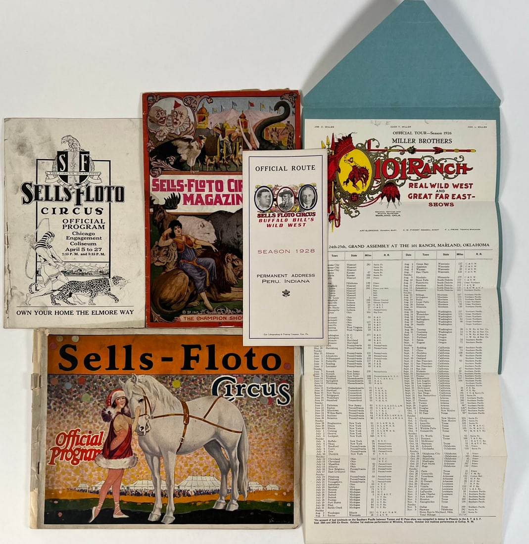 VINTAGE CIRCUS LITERATURE: SELLS FLOTO-BUFFALO BILL ROUTE BOOKLET 1928, 101 RANCH ROUTE CARD 1926, SELLS-FLOTO OFFICIAL PROGRAM FOR CHICAGO ENGAGEMENT - COLLISEUM 1924, SELLS FLOTO CIRCUS MAGAZINE WITH PROGRAM 1917, SELLS FLOTO