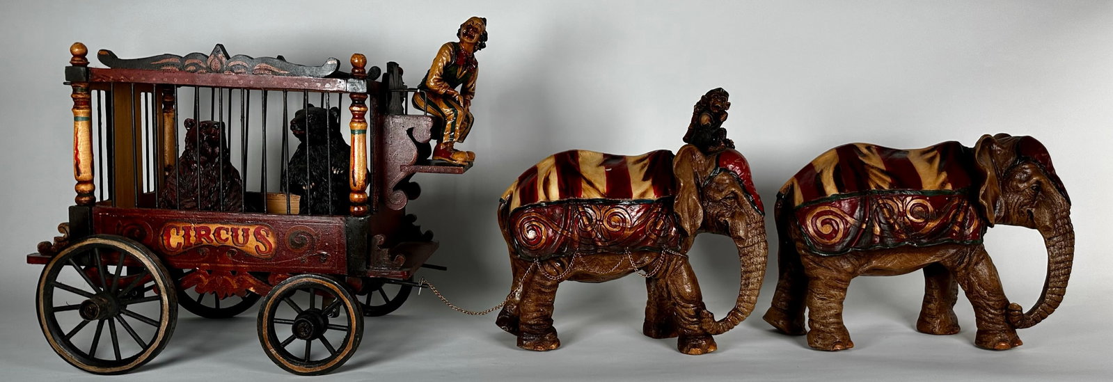 VINTAGE CIRCUS WAGON DISPLAY: KATHLEEN NELSON COLLECTION. LARGE CIRCUS WAGON DISPLAY WITH TWO, COUNT THEM, TWO ELEPHANTS TOWING A WAGON WITH CLOWN AND ANIMALS. OVERALL 48"