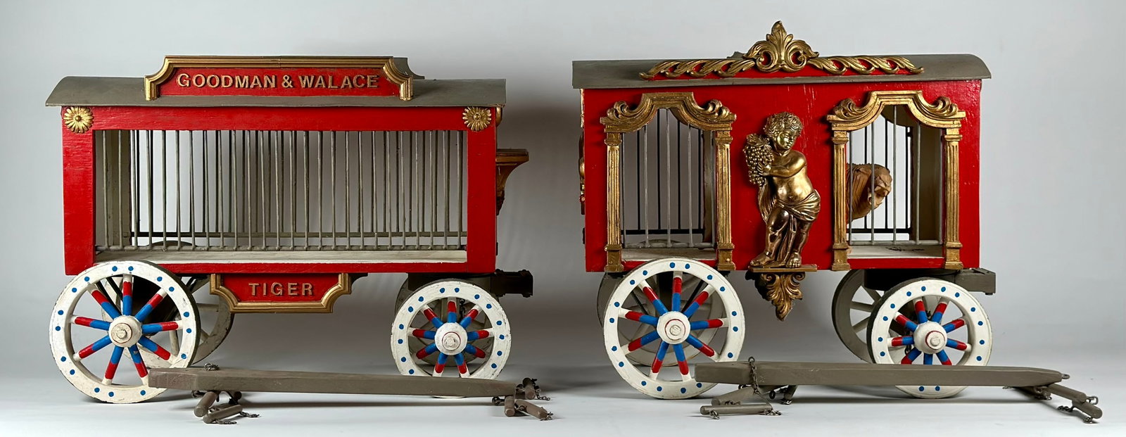 PAIR OF MODEL CIRCUS WAGONS: 1" SCALE WAGONS, ARTIST UNKNOWN. BOTH WITH TERMITE EVIDENCE, BUT THEY MAKE A NICE DISPLAY. EACH APPROXMATELY 22"L