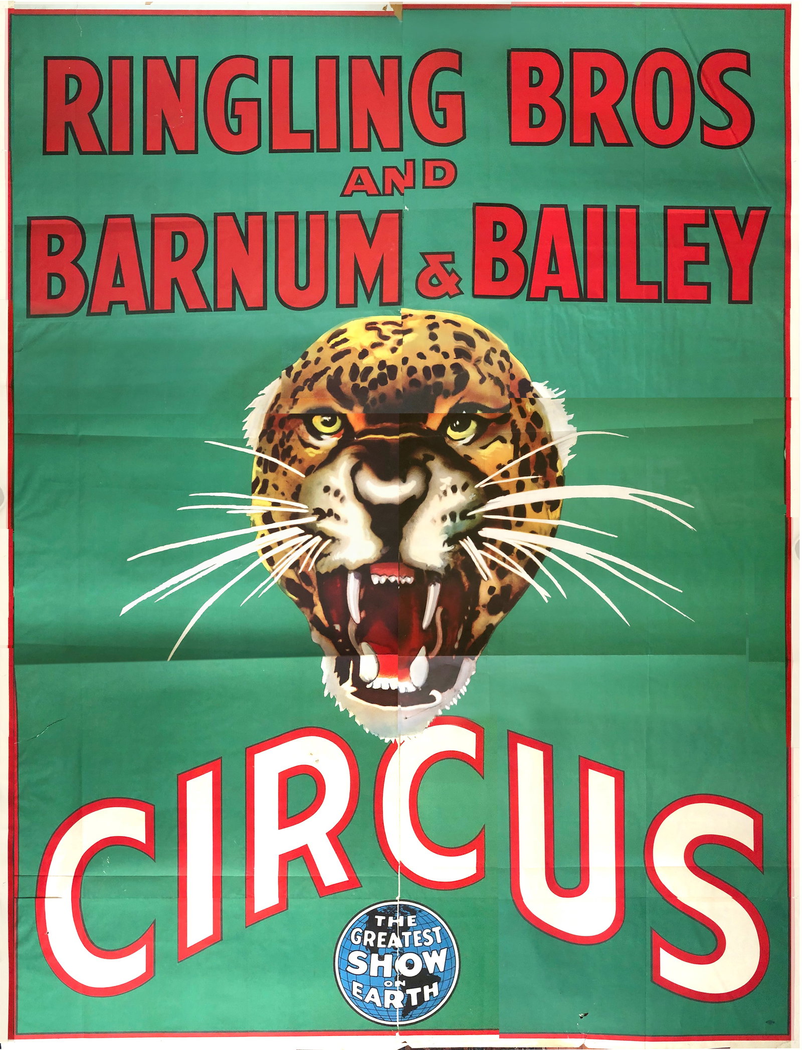 RINGLING BROS. BARNUM BAILEY CIRCUS POSTER: 8 SHEET, C.1950'S. LARGE RBBB POSTER FEATURING TITLE AND LEOPARD HEAD. FOLDS AS ISSUED, SCATTERED SMALL TEARS. A NICE EXAMPLE. 80"X107"