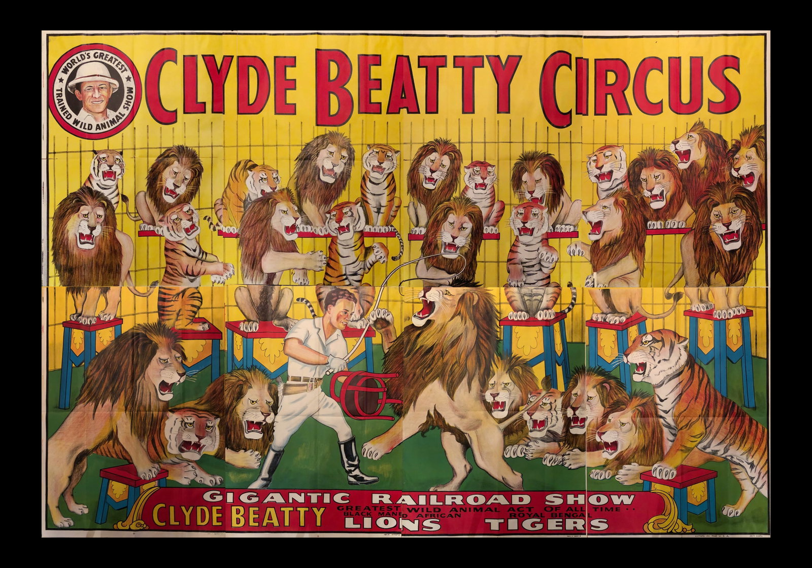 CLYDE BEATTY GIANT RAILROAD CIRCUS BILLBOARD POSTER: ERIE LITHO, 20 SHEET, C.1950. HUGE BILLBOARD POSTER FOR CLYDE BEATTY GIANT RAILROAD CIRCUS. BRILLIANT COLORS, FOLDS AS ISSUED, VERY MINOR SCATTERED TEARS AT FOLDS. OVERALL 105"X190"