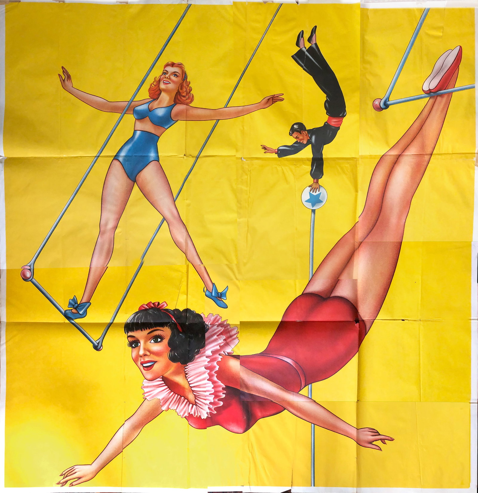 STOCK CIRCUS POSTER - AERIALISTS: STOCK 6-SHEET POSTER, C.1960'S. FOLDS, TAPE AT FOLDS, SCATTTERED TEARS, CHIPPING. 80"X80"