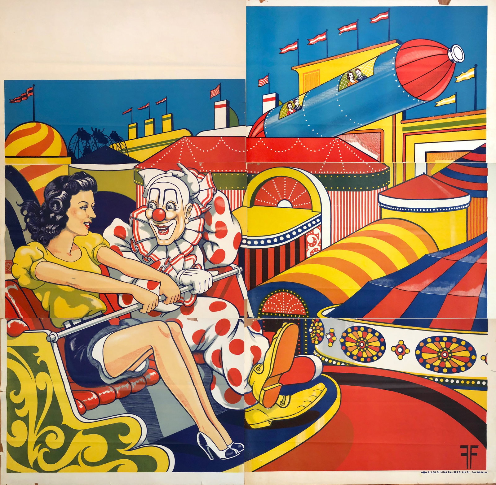 STOCK CARNIVAL POSTER: ALLES PRINTING CO, LOS ANGELES, 6-SHEET, C.1950'S. FORREST FREELAND ART. MARGINAL CHIPPING, SMALL TEARS. 83"X83"