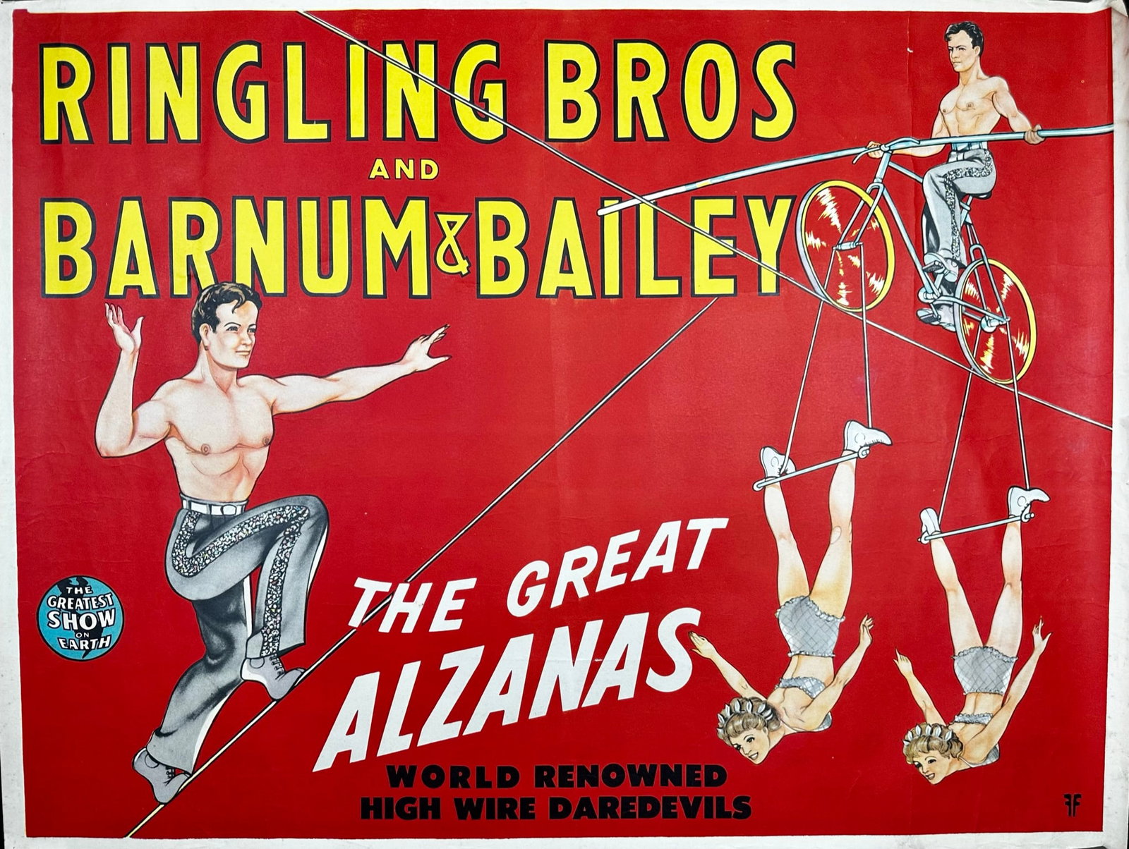 RINGLING BROS. BARNUM BAILEY CIRCUS POSTER: HALF SHEET, C.1950, FEATURING THE GREAT ALZANAS - HIGH WIRE DAREDEVILS. VERY MINOR MARGINAL WEAR. 21"X28"