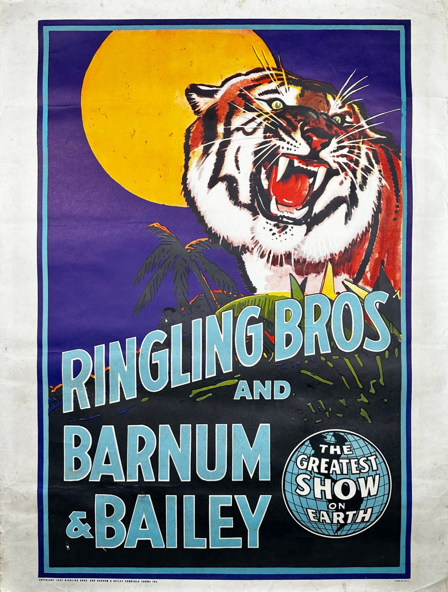 RINGLING BROS. BARNUM BAILEY CIRCUS POSTER: HALF SHEET, 1944, FEATURING TIGER AND THE MOON. MINOR MARGINAL WEAR. 21"X28"