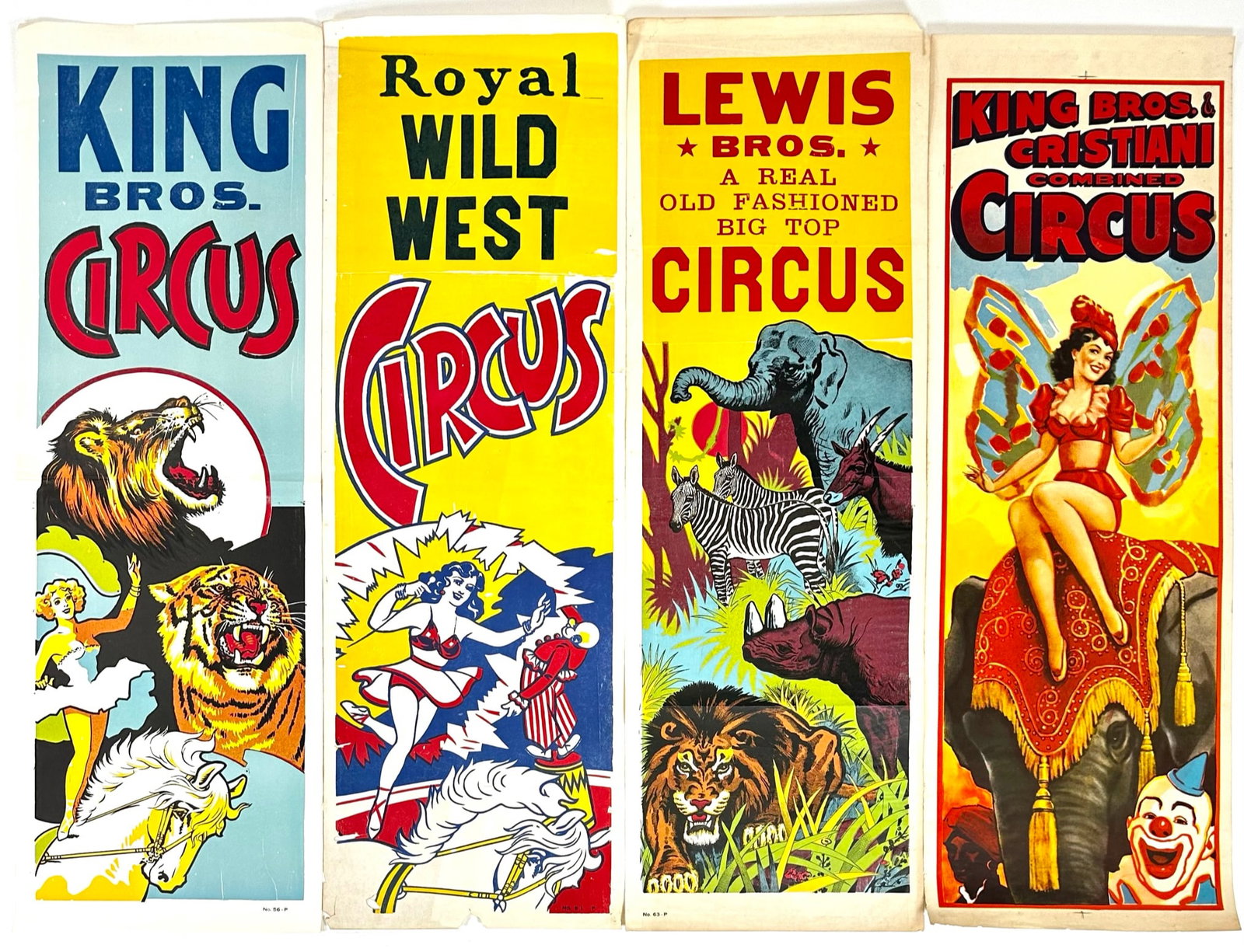 COLLECTION OF CIRCUS POSTERS: FOUR PANEL POSTERS INCLUDING KING BROS. - CRISTIANI, LEWIS, ROYAL WILD WEST, KING. LIGHT WEAR CONSISTENT WITH POSTING. 14"X42"