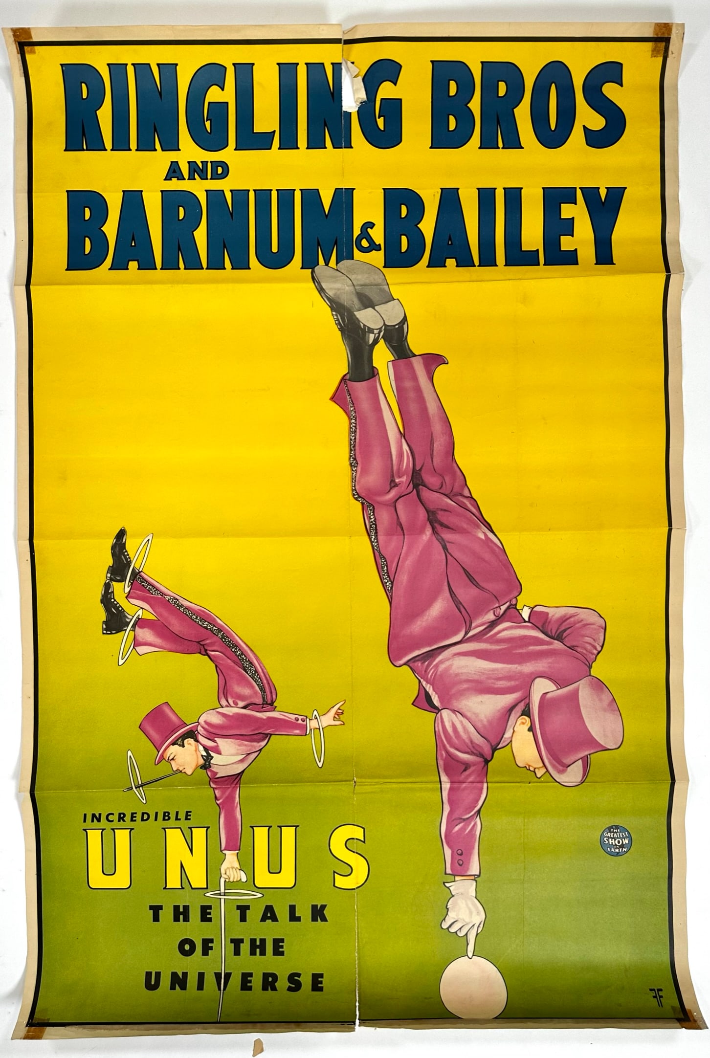 RINGLING BROS. BARNUM BAILEY CIRCUS POSTER: ONE SHEET FEATURING UNUS, TALK OF THE UNIVERSE, C.1949. UNMOUNTED, FOLDS, TEAR AT FOLDS. 28"X42"