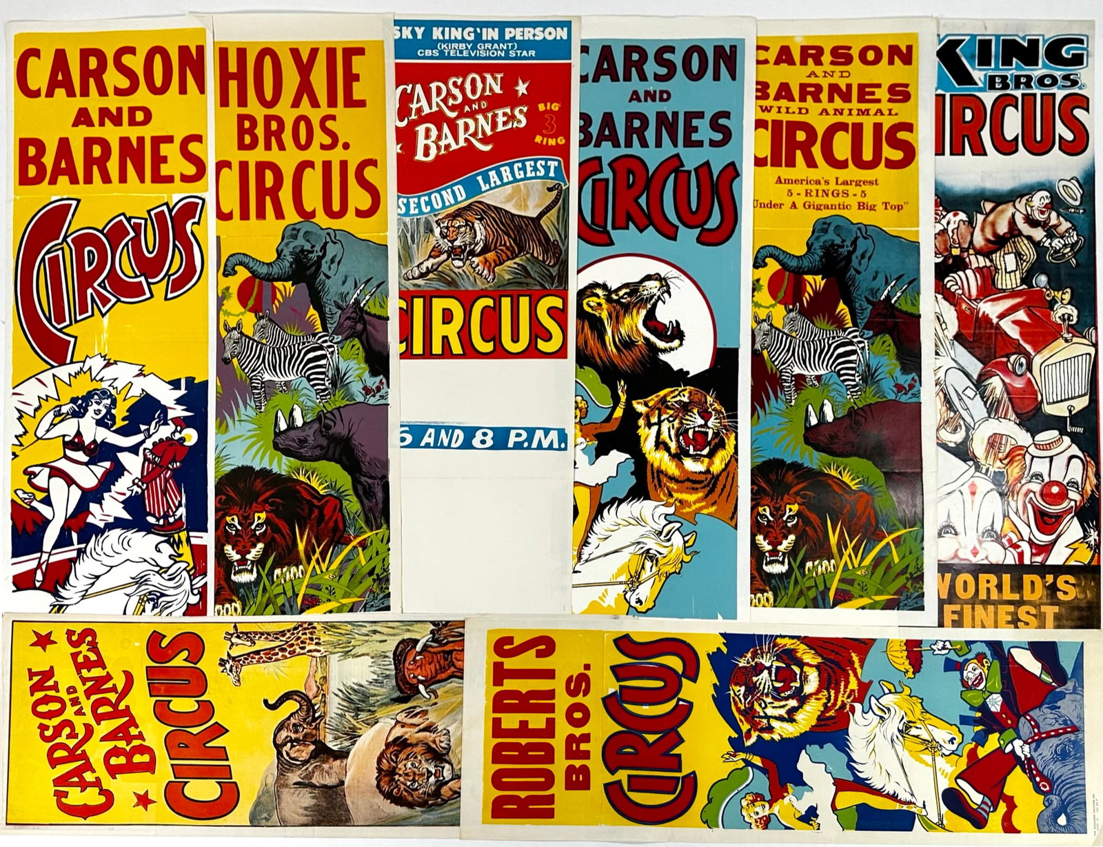 COLLECTION OF CIRCUS POSTERS: PANELS INCLUDING CARSON & BARNES, HOXIE, ROBERTS, KING. FOLDS, WEAR CONSISTENT WITH POSTING. 14"X42"