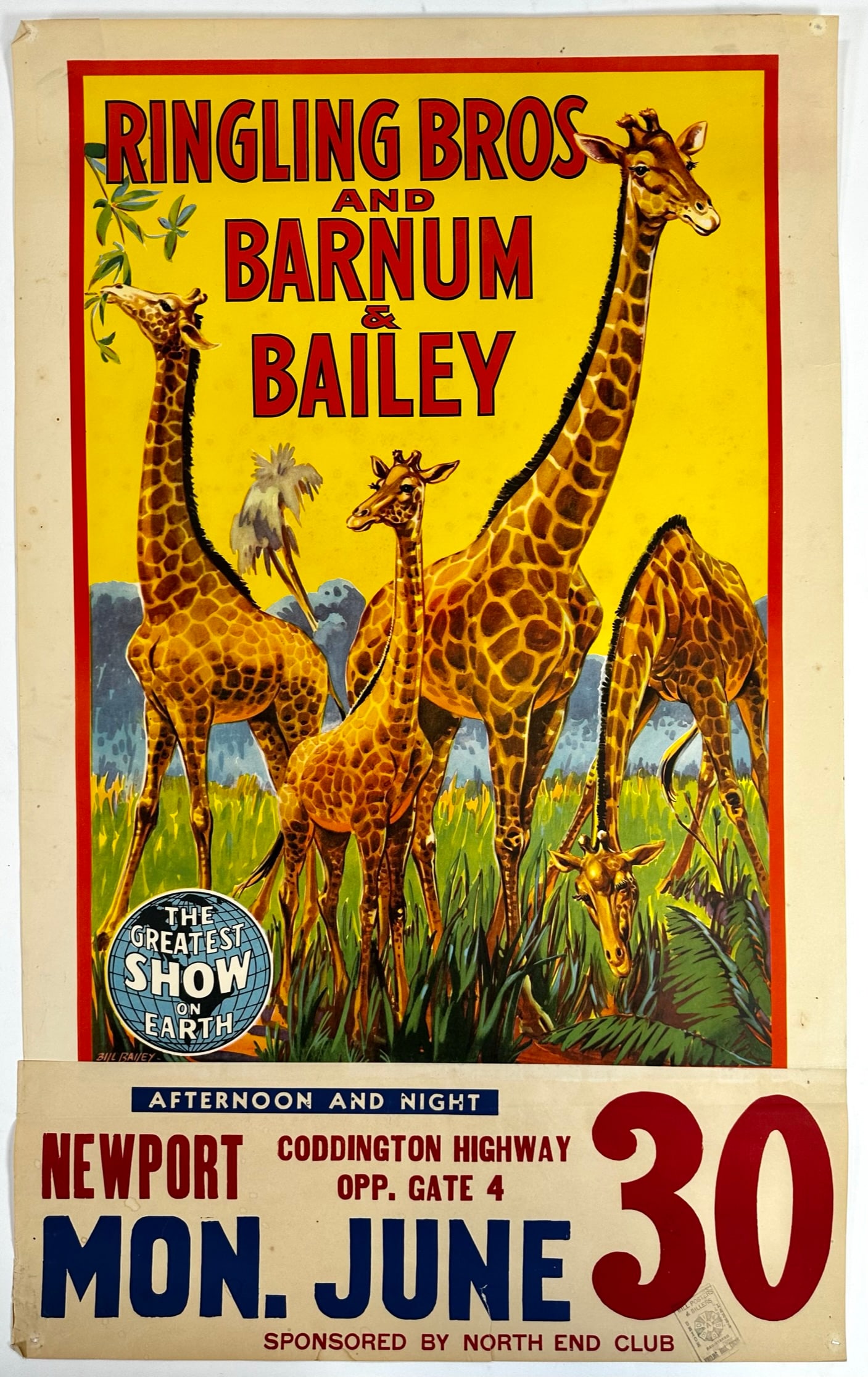 RINGLING BROS. BARNUM BAILEY CIRCUS POSTER: HALF SHEET WITH DATE TAIL, 1940'S. UNMOUNTED, FOLDS, WEAR CONSISTENT WITH POSTING. 21"X34"