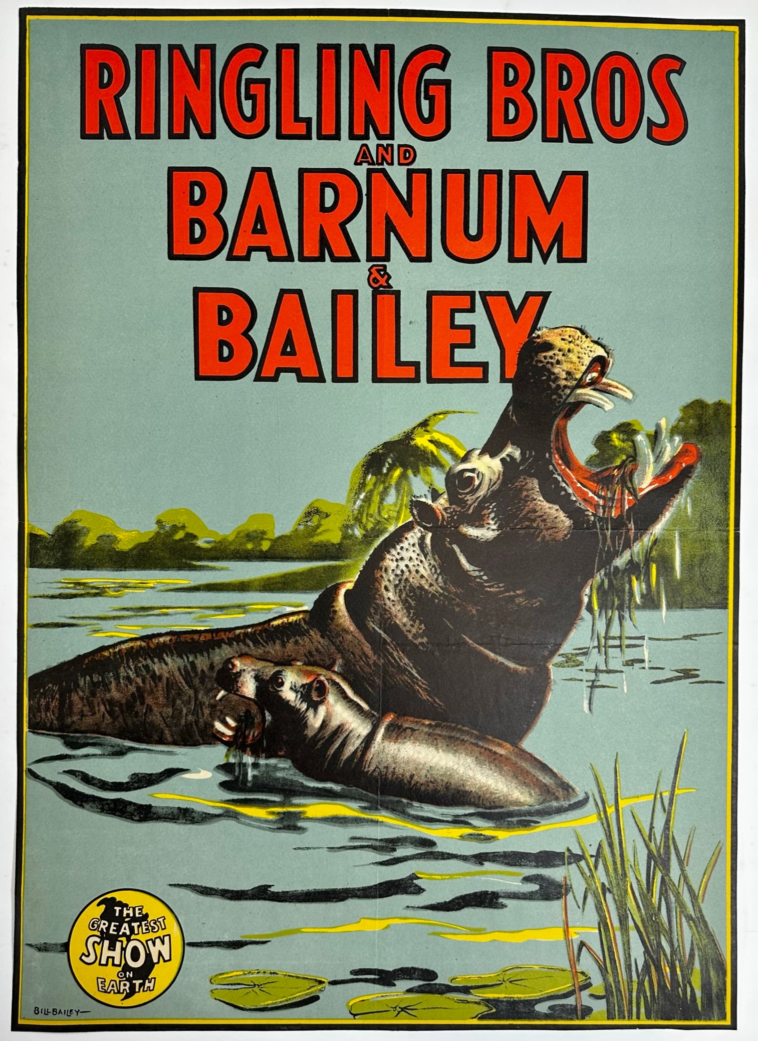 RINGLING BROS. BARNUM BAILEY CIRCUS POSTER: HALF SHEET, 1940'S. BILL BAILEY DESIGN. UNMOUNTED, TRIMMED MARGINS, FOLDS. 20"X27"
