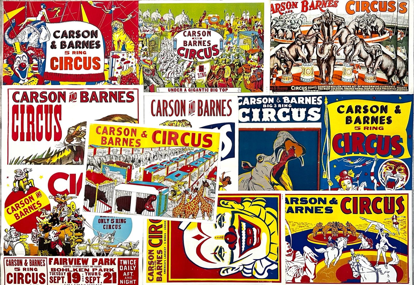 CARSON & BARNES CIRCUS POSTER COLLECTION: ONE SHEET, SECOND HALF OF THE 20TH CENTURY. UNMOUNTED, FOLDS, WEAR CONSISTENT WITH POSTING. APPROX. 28"X42"