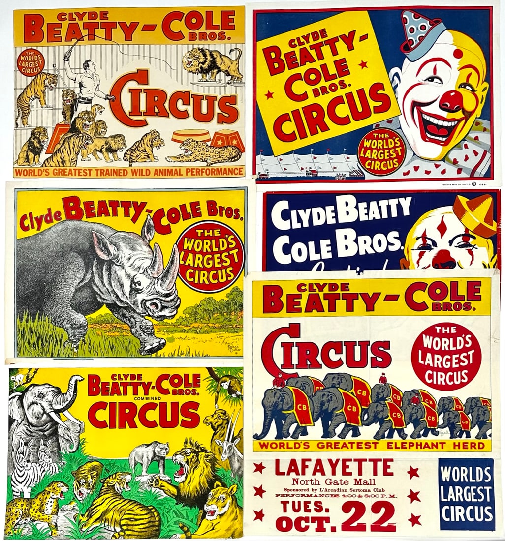 CLYDE BEATTY - COLE BROS. CIRCUS POSTER COLLECTION: HALF SHEETS, SOME WITH DATE TAILS. FOLDS, WEAR CONSISTENT WITH POSTING. APPROX. 21"X28"
