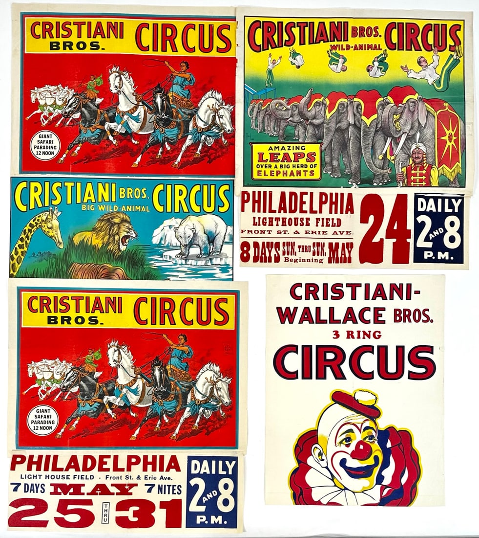 CRISTIANI BROS. CIRCUS POSTERS: HALF SHEETS, SOME WITH DATE TAILS. FOLDS, WEAR CONSISTENT WITH POSTING. APPROX. 21"X28"