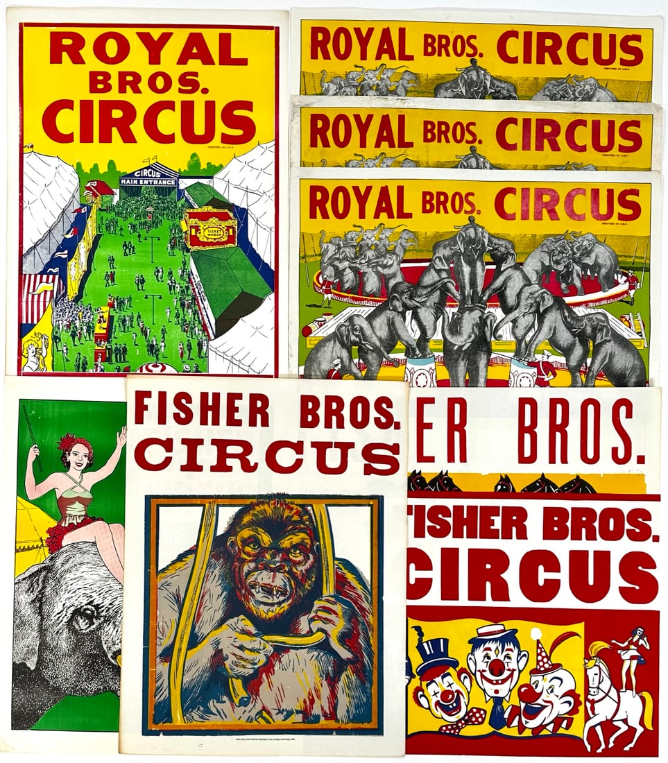AMERICAN CIRCUS POSTER COLLECTION: FISHER BROS., ROYAL BROS. HALF SHEETS, SOME WITH DATE TAILS. FOLDS, WEAR CONSISTENT WITH POSTING. APPROX. 21"X28"