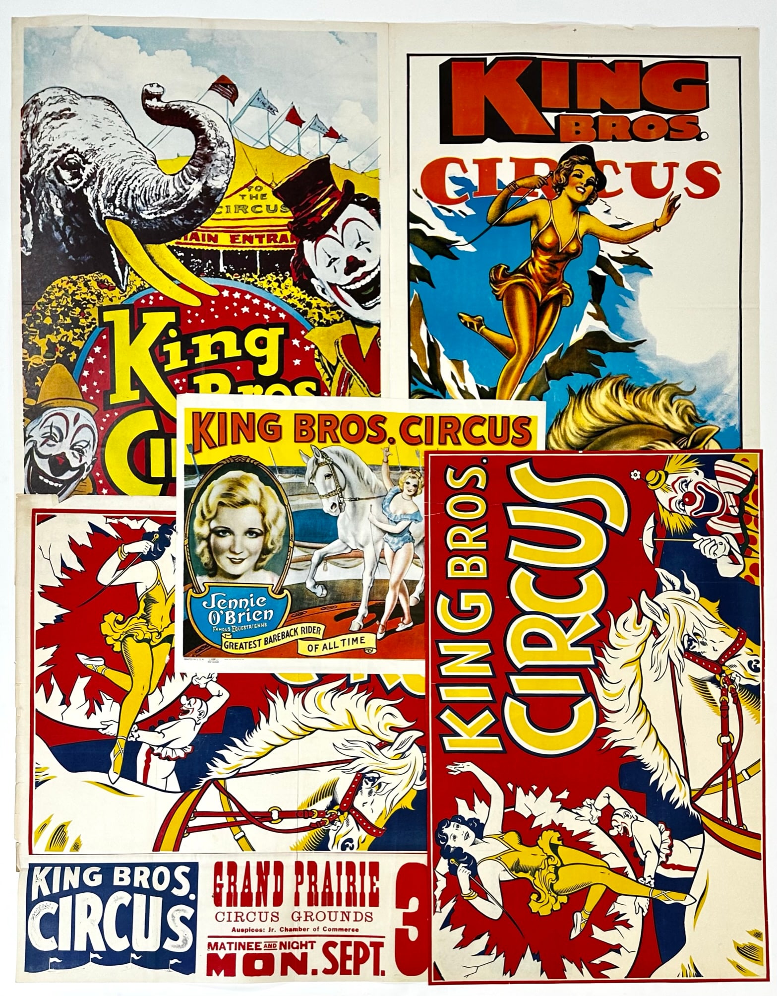 KING BROS. CIRCUS POSTER COLLECTION: ONE AND HALF SHEETS, FOLDS, WEAR CONSISTENT WITH POSTING. LARGEST 28"X42"