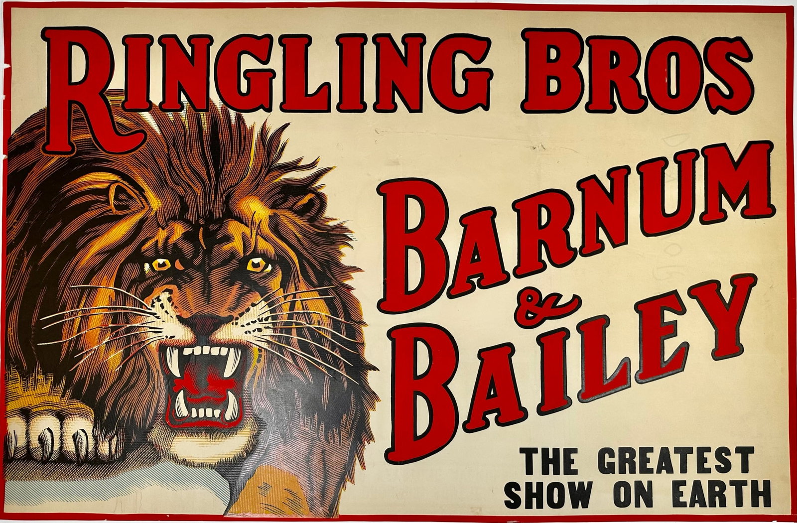 RINGLING BROS. BARNUM BAILEY CIRCUS POSTER: ONE SHEET, ENQUIRER PRINTING, 1940. TITLE WITH LION. UNMOUNTED, MARGINS TRIMMED, FOLDS. 28"X42"