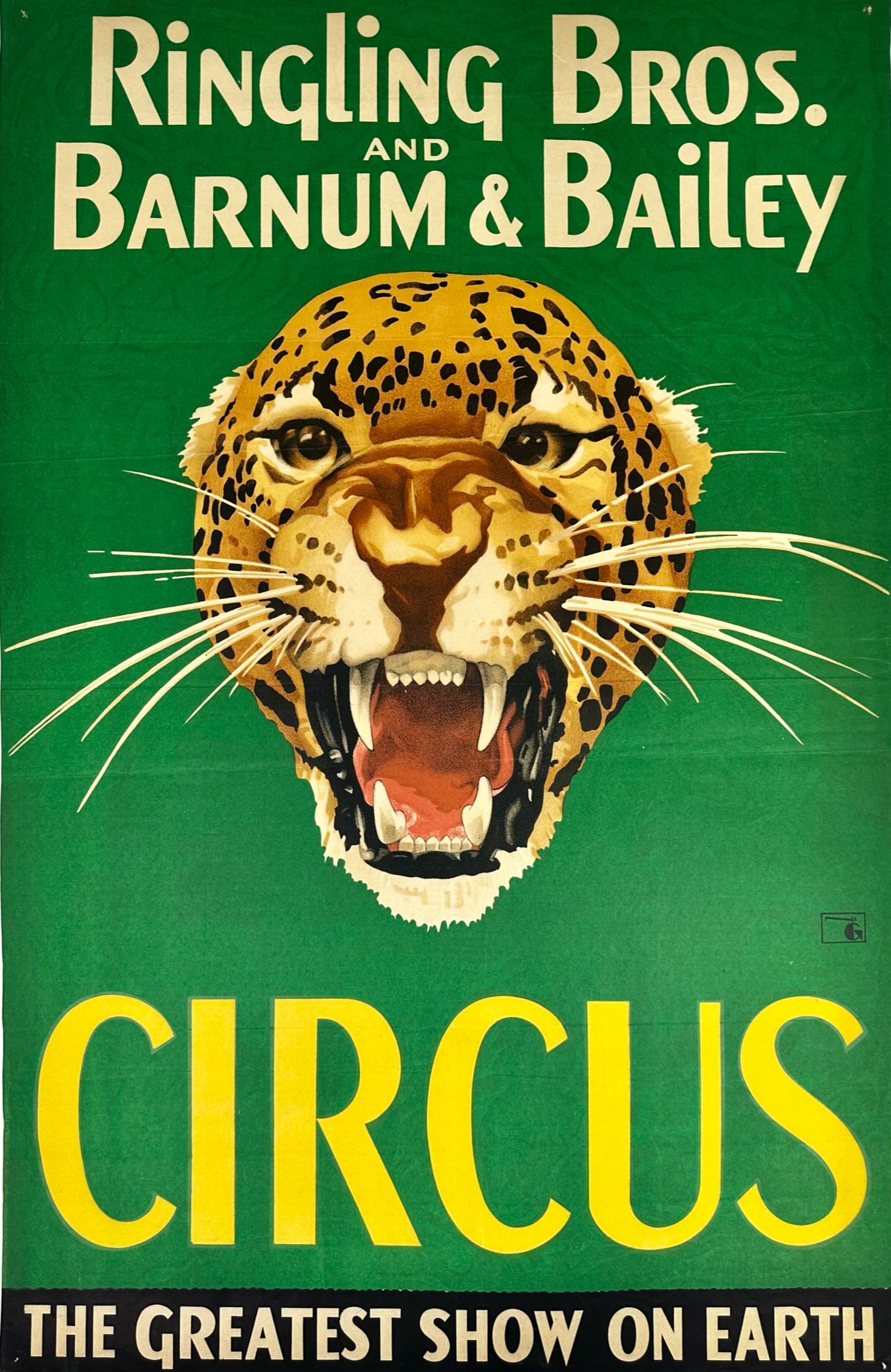 RINGLING BROS. BARNUM BAILEY CIRCUS POSTER: ONE SHEET, 1940'S, FEATURING LEOPARD HEAD. UNMOUNTED, MARGINS TRIMMED, FOLDS, PIN-HOLES AT CORNERS. 28"X42"
