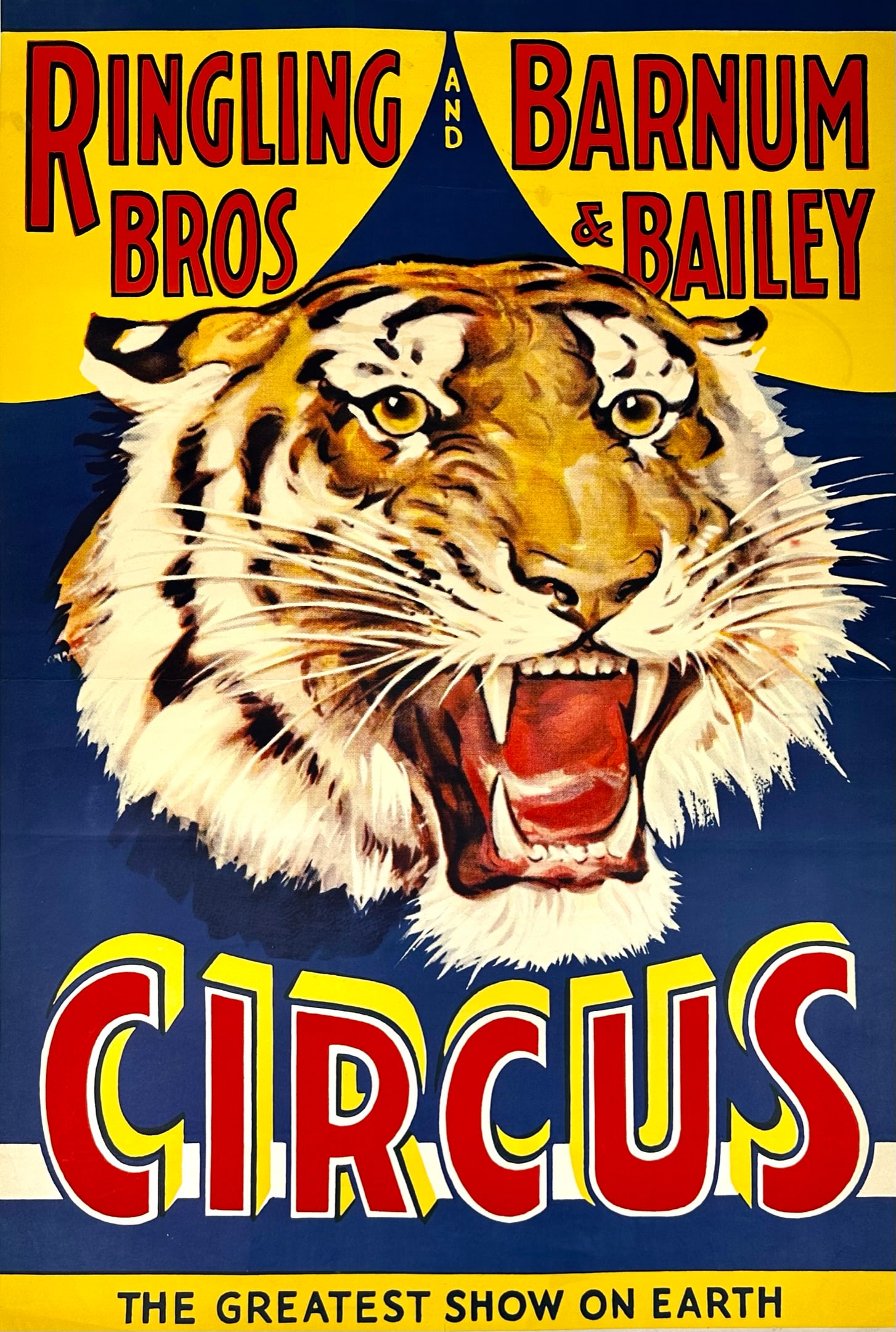 RINGLING BROS. BARNUM BAILEY CIRCUS POSTER: ONE SHEET, ERIE LITHO, 1934. UNMOUNTED, MARGINS TRIMMED, FOLDS. 28"X42"