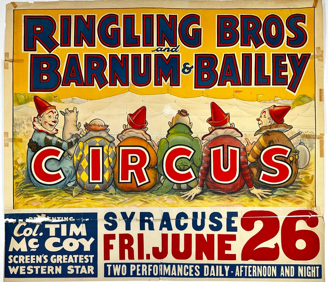 RINGLING BROS. BARNUM BAILEY CIRCUS POSTER: ONE SHEET, ERIE LITHO, 1936. UNMOUNTED, FOLDS, TAPE ON VERSO. 36"X42"