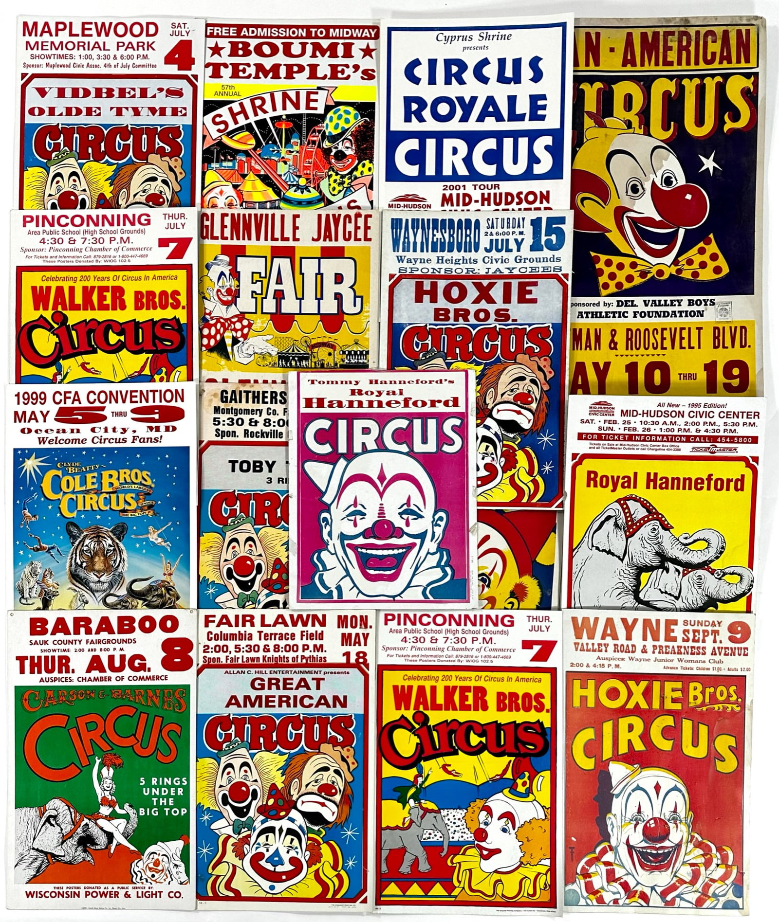 AMERICAN CIRCUS WINDOW CARD COLLECTION: VARIETY OF CIRCUS AND SHOWS INCLUDING HOXIE, HANNEFORD, BARTOK AND OTHERS. WEAR CONSISTENT WITH POSTING. AVERAGE 14"X22"