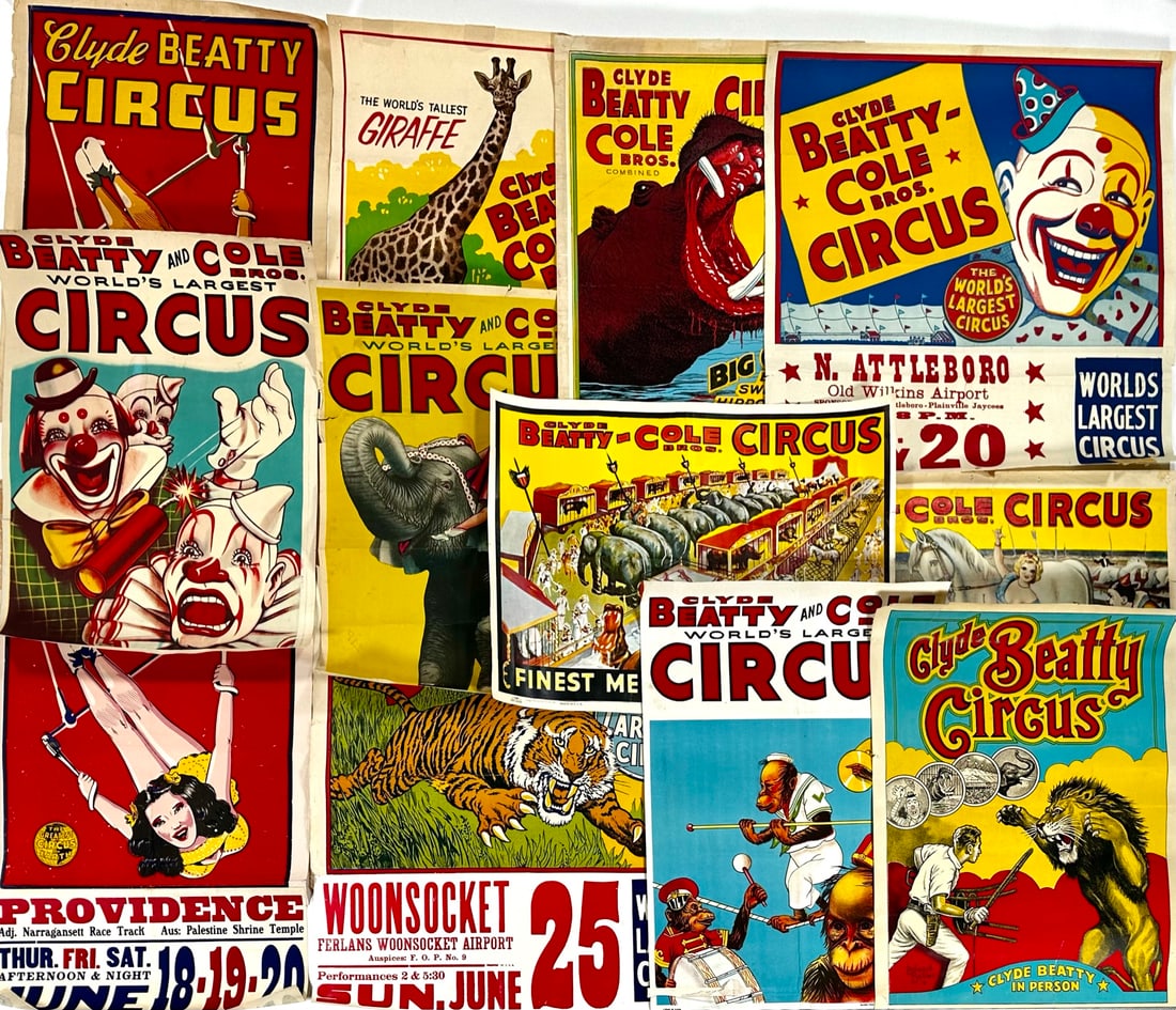 CLYDE BEATTY - COLE BROS. CIRCUS POSTERS: VARIETY OF HALF SHEET POSTERS, SOME WITH DATE TAILS. WEAR CONSISTENT WITH POSTING. AVERAGE 21"X28"