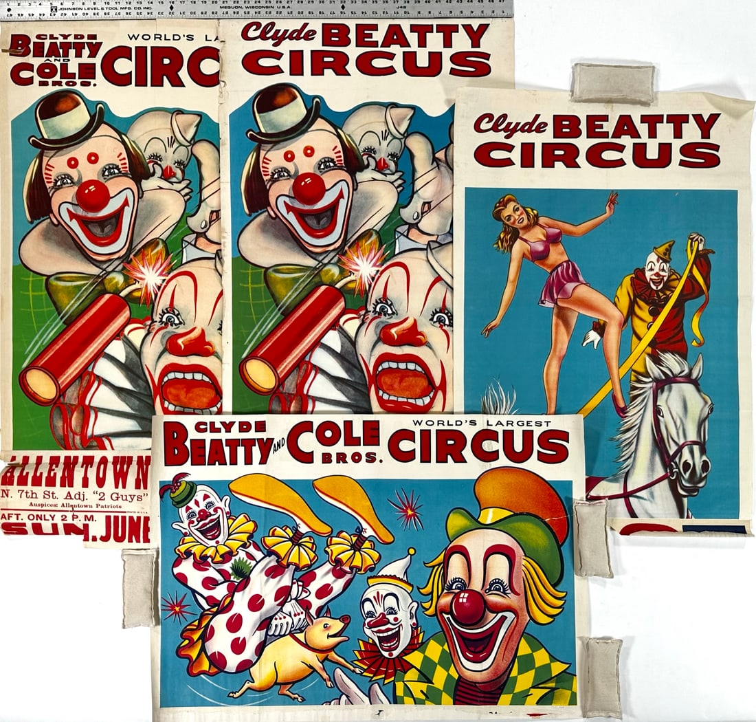 CLYDE BEATTY - COLE BROS. CIRCUS POSTERS: VARIETY OF ONE SHEET POSTERS, SOME WITH DATE TAILS. WEAR CONSISTENT WITH POSTING. AVERAGE 28"X42"