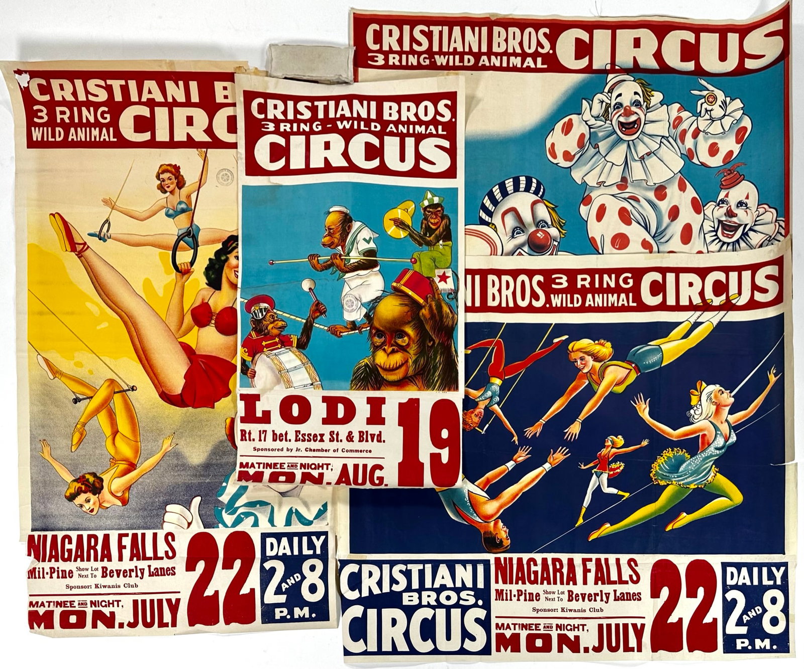 CRISTIANI BROS. CIRCUS POSTER COLLECTION: VARIETY OF SIZES, SOME WITH DATE TAILS. WEAR CONSISTENT WITH POSTING. LARGEST 28"X42"