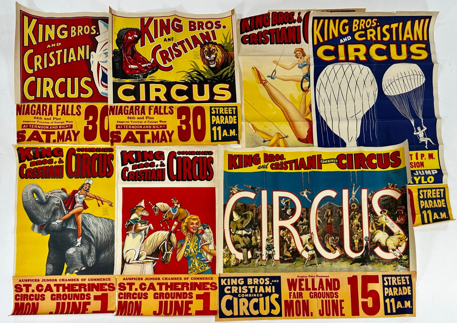 KING BROS. - CRISTIANI BROS. CIRCUS POSTERS: VARIETY OF SIZES, SOME WITH DATE TAILS. WEAR CONSISTENT WITH POSTING. LARGEST 28"X42"