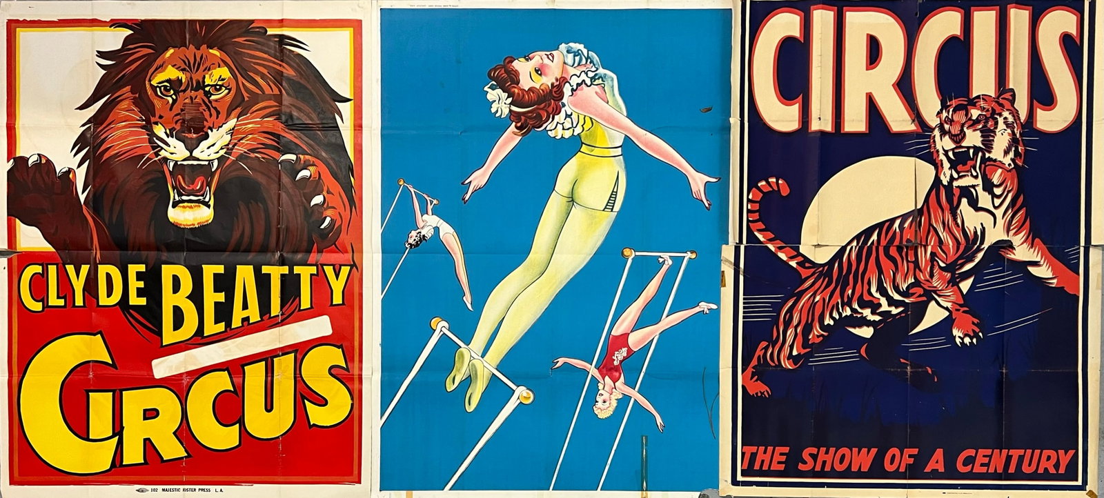 GROUPING OF LARGE CIRCUS POSTERS: EACH ARE TWO SHEET, TRAPEZE, CLYDE BEATTY, CIRCUS. FOLDS, TEARS AT FOLDS. 42"X56"