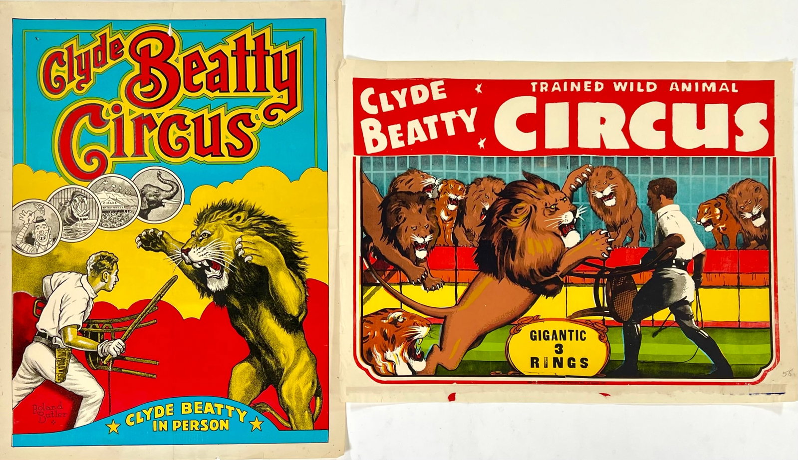 CLYDE BEATTY CIRCUS POSTERS: PAIR OF CB CIRCUS POSTER, HALF SHEETS, WEAR CONSISTENT WITH POSTING, 21"X28"