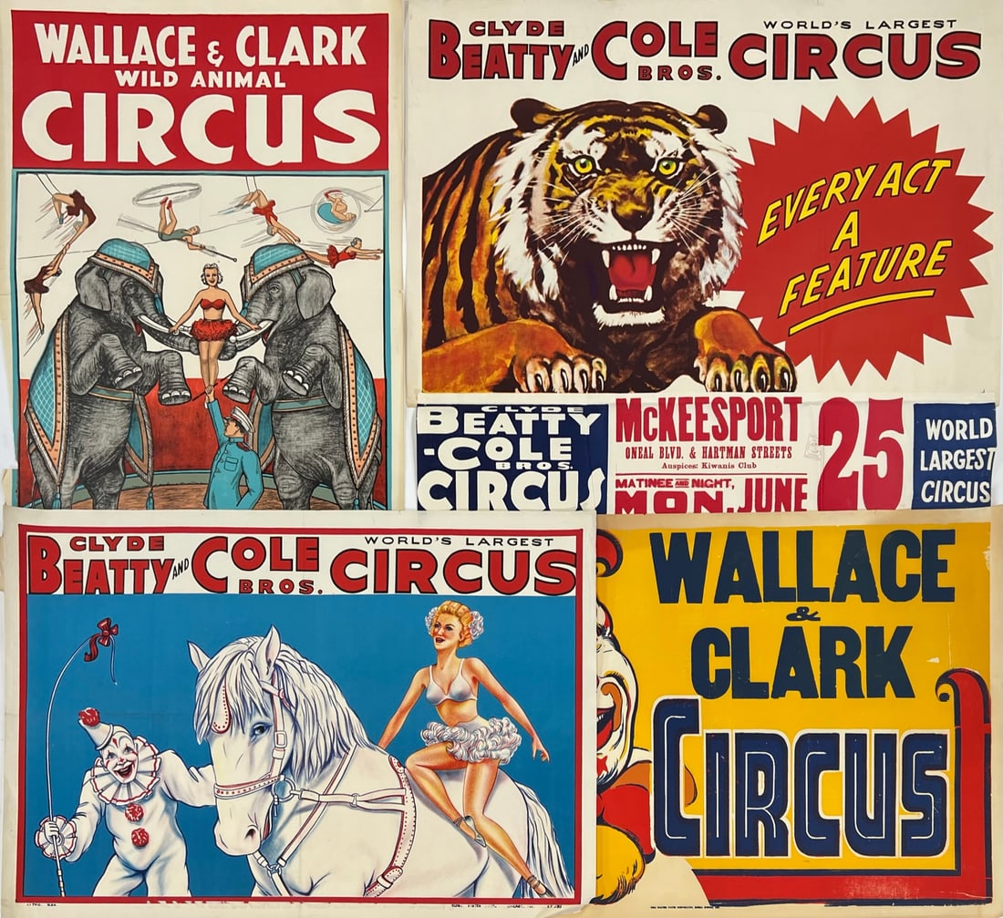 AMERICAN CIRCUS POSTER COLLECTION: ONE SHEETS FOR CLYDE BEATTY - COLE BROS., WALLACE & CLARK. UNMOUNTED, WEAR CONSISTENT WITH POSTING. 28"X42"