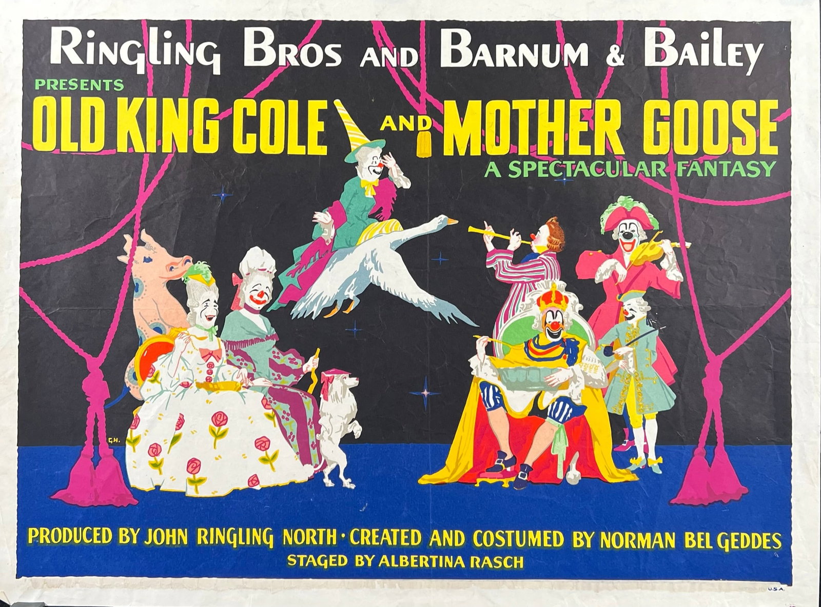 RINGLING BROS. BARNUM BAILEY CIRCUS POSTER: HALF SHEET, 1941, FEATURING OLD KING COLE AND MOTHER GOOSE SPEC. UNMOUNTED, WEAR CONSISTENT WITH POSTING. 21"X28"