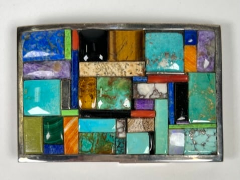 Seneca Sterling Mosaic Gemstone Belt Buckle: Stunning mosaic gemstone design. 127 grams total weight