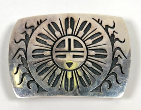 Hopi Sterling Silver Belt Buckle: Hallmarked. 57 grams total weight. 2"x3"