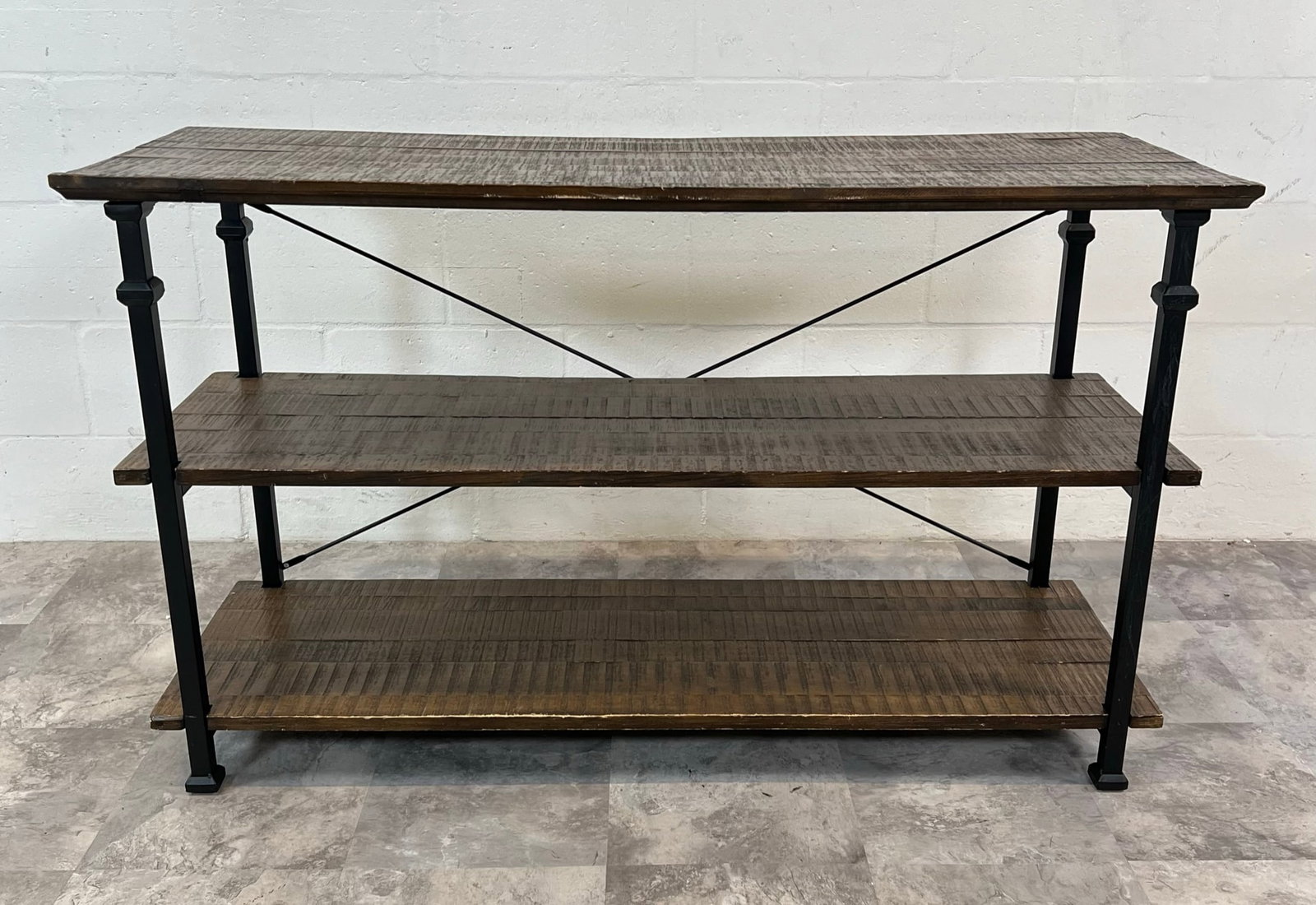 Rustic Console Table: Three tier table with iron structure. Light wear. 50"w, 18", 30"h