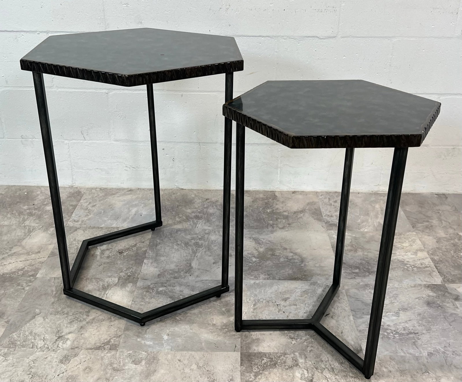 Nest Of Side Tables: Pair of contemporary nesting tables in hexagonal shape. Light use. Largest is 20" top, 26"h