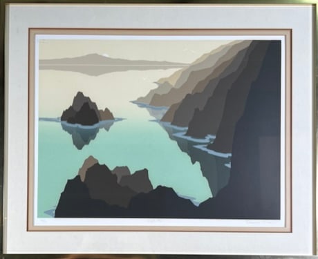 Robert Wilson Lithograph: Water and cliff scenes. Framed, 29"x35"