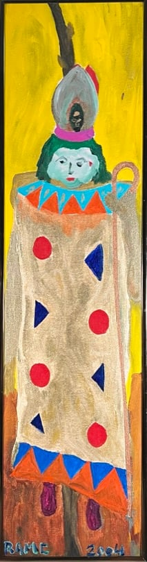 Robert A.M. Coppenrath Painting: Robert A.M. Coppenrath (Belgium, 20th C.) oil on board titled "Pius Platipus - The Pope of the Scarecrows". 8"x28"