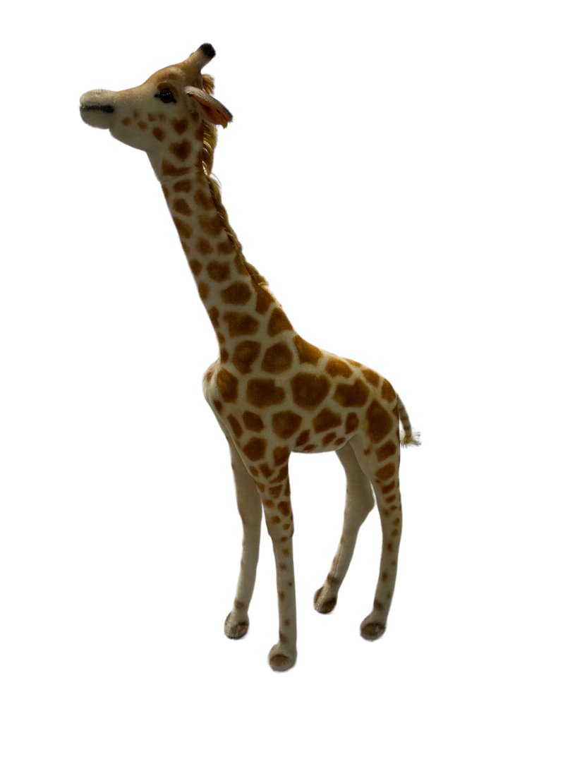 LARGE STEIFF STUDIO GIRAFFE: STEIFF STUDIO STANDING GIRAFFE. LARGE DISPLAY ANIMAL, MADE IN GERMANY. NATURAL COLOR MOHAIR, STEIFF BUTTON AND FLAG IN LEFT EAR. STEIFF STUDIO PIECES WERE USED FOR DISPLAY IN DEPARTMENT AND TOY STORES