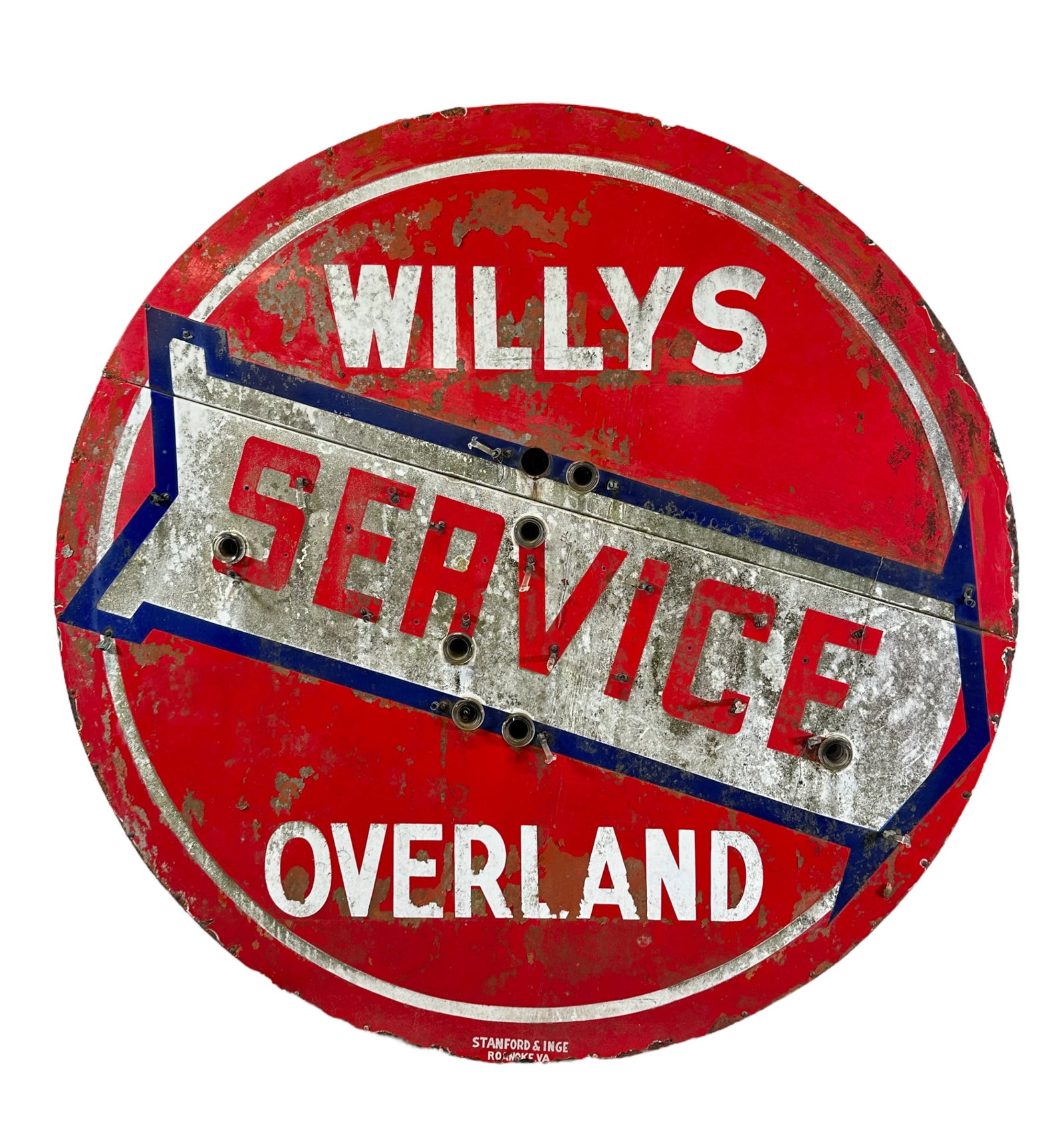 WILLYS OVERLAND SERVICE NEON SIGN: LARGE WILLYS OVERLAND BOX SIGN, WILL NEED NEON TUBES/RESTORATION. PORCELAIN WITH OVERPAINT. STANFORD AND INGE, ROANOKE, VIRGINIA. 60"W.