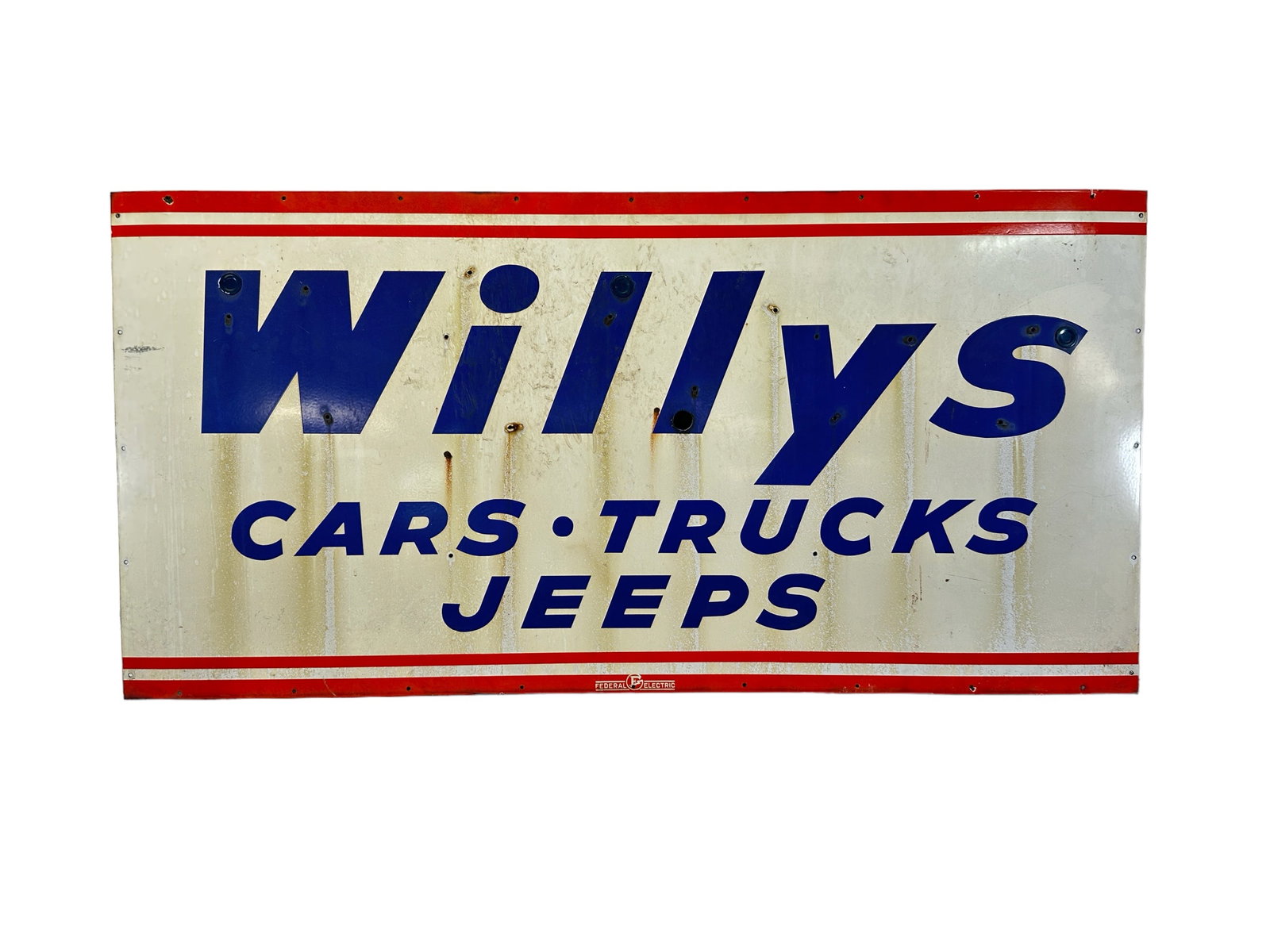 WILLYS CARS TRUCKS JEEPS DEALERSHIP SIGN SSP: WILLYS CARS - TRUCKS - JEEPS - DEALERSHIP SIGN, NEON PANEL, SINGLE SIDED PORCLEAIN. FEDERAL ELECTRIC. 35"X72"