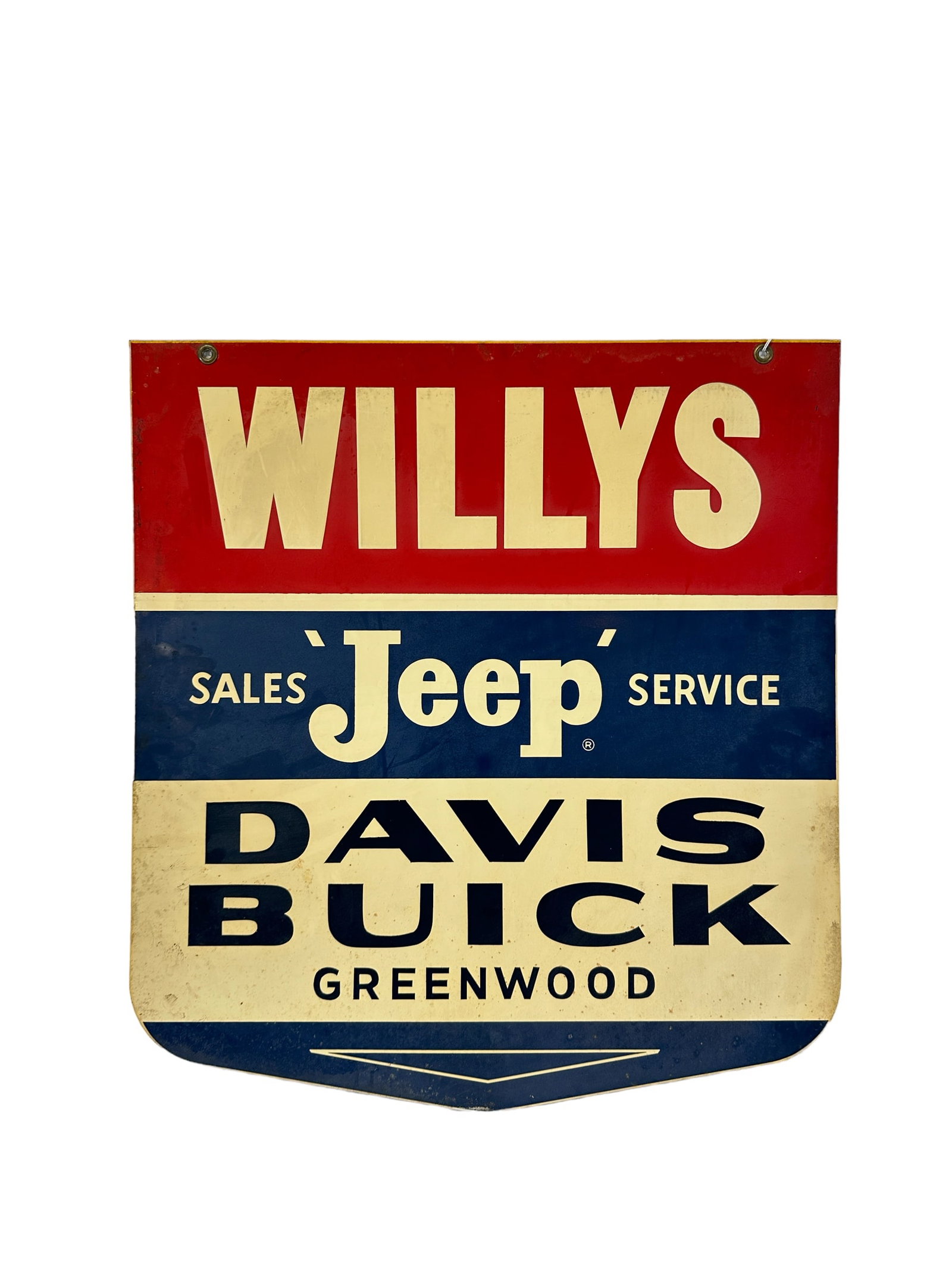 WILLYS JEEPS SALES SERVICE DEALERSHIP SIGN DSP: WILLYS JEEP SALES AND SERVICE DEALERSHIP SIGN, DAVIS BUICK, GREENWOOD. DOUBLE SIDED PORCELAIN. VERY GOOD. 25"X27"